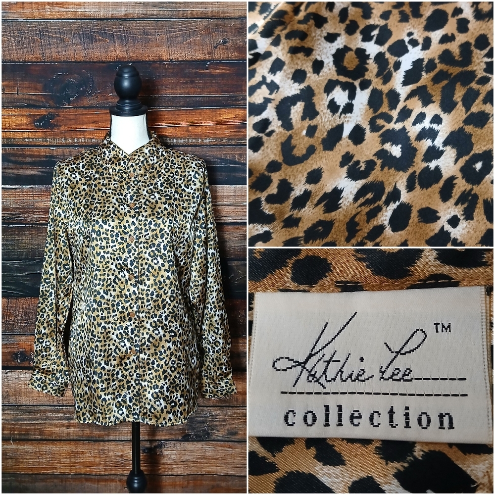 Kathie Lee Collection Blouse Top 12 Vintage Satin Animal Leopard Print Button Up